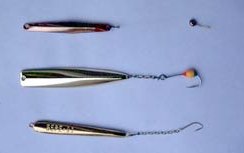 The chain jig, the coloured hook jig and the snell fitted mormuska.