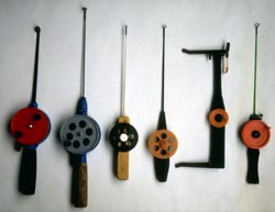 Different kinds of icefishing rods.